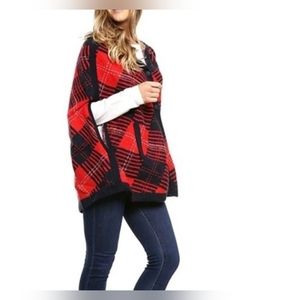 $150 NEW Tommy Hilfiger Helena Hooded Sweater Sz M L Plaid Poncho Cape Red Black